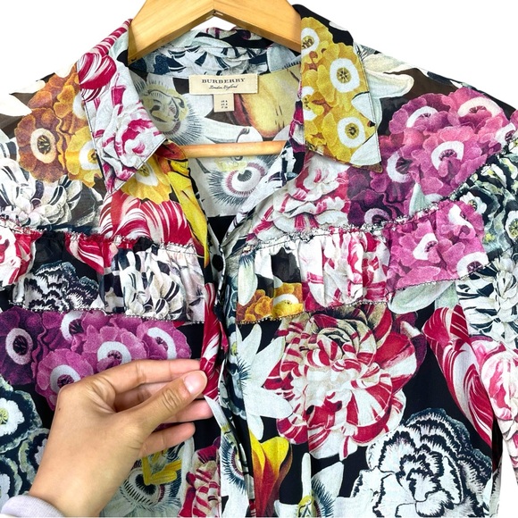 Burberry London Women 4 Midi Dress Ruffled Floral Long Sleeve Lightweight Silk - Picture 11 of 16